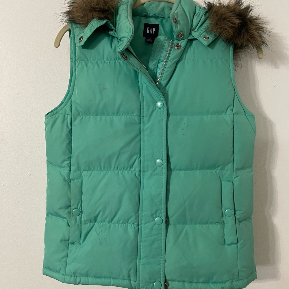 GAP Mint Green Puffer Vest with Faux Fur Hood